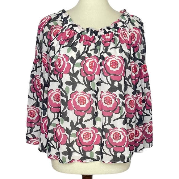 Loft Shirt Womens XS Blouse Off the Shoulder White Pink Rose Print Lined Chiffon - Picture 2 of 13